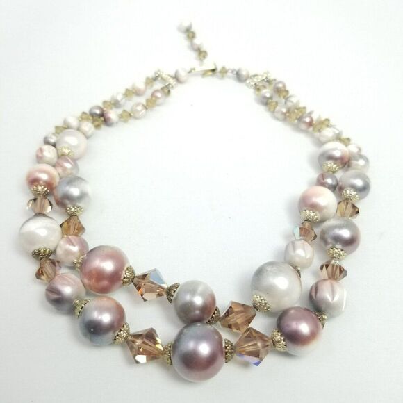 Vintage Pink Purple Beaded Two Strand Necklace, Adjustable Hook Clasp, Retro - Picture 1 of 7